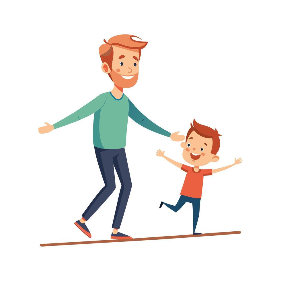 Father and Son Doing a Playful Balancing Act on One Foot with Laughter and Smiles vector