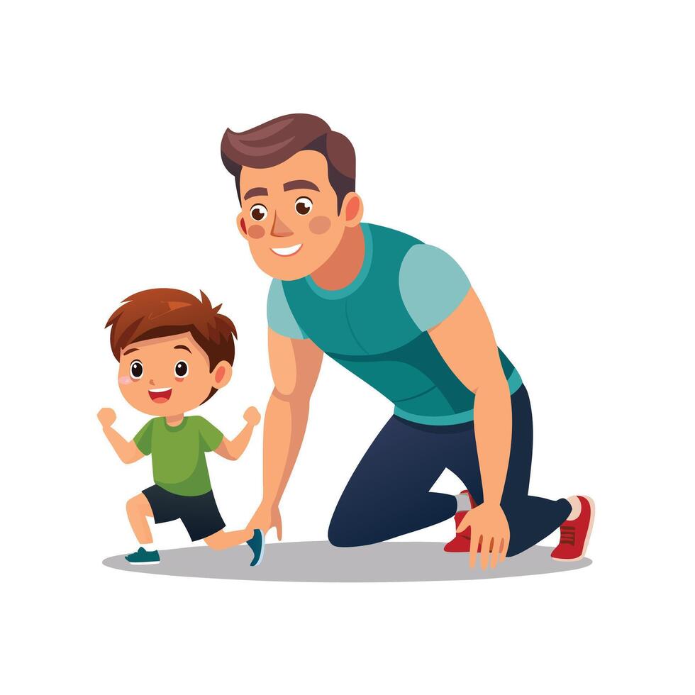 Father and Son Competing in a Push-Up Challenge with Strength and Determination vector