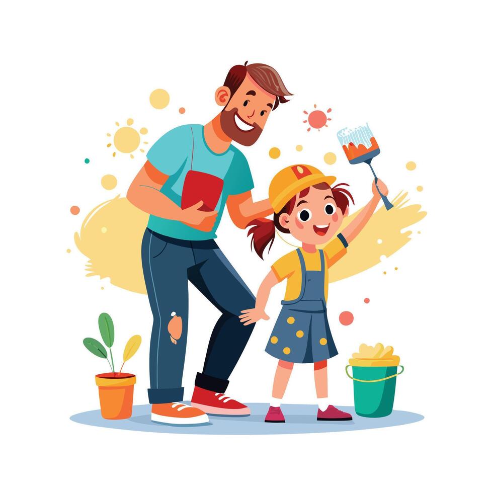 Father and Daughter Stepping Back to Admire Their Newly Painted Wall with Pride vector