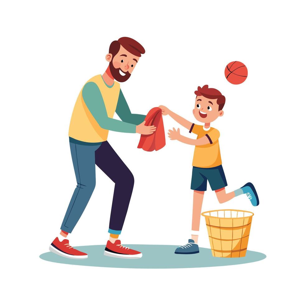 Father and Son Competing in a Fun Sock Basketball Game with Laughter and Smiles vector