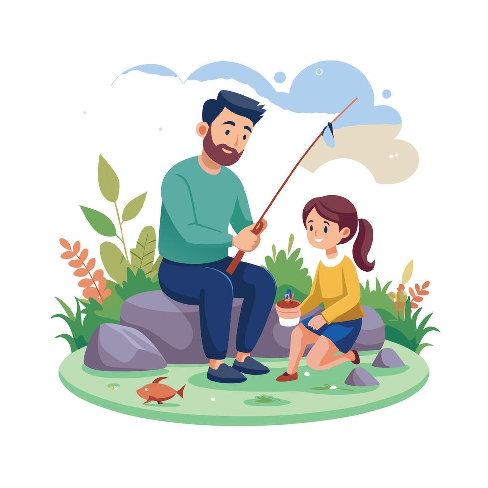 Father and Daughter Having a Wholesome Fishing Trip Together with Smiles and Laughter vector