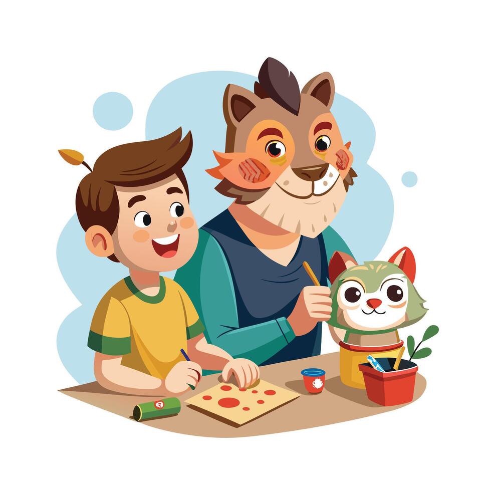 Father and Son Wearing Their Newly Made Animal Masks with Laughter and Smiles vector