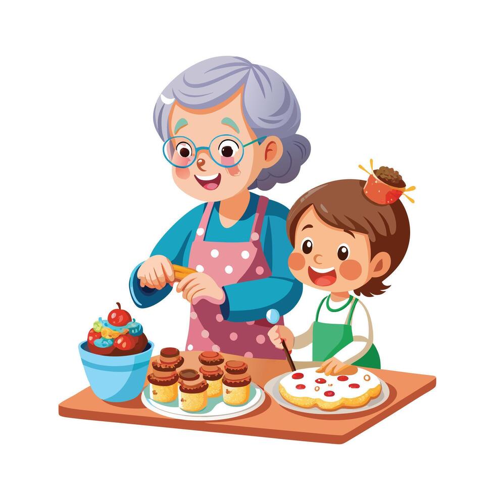 Grandmother and Grandchild Baking Cookies and Decorating Them with Fun and Creativity vector