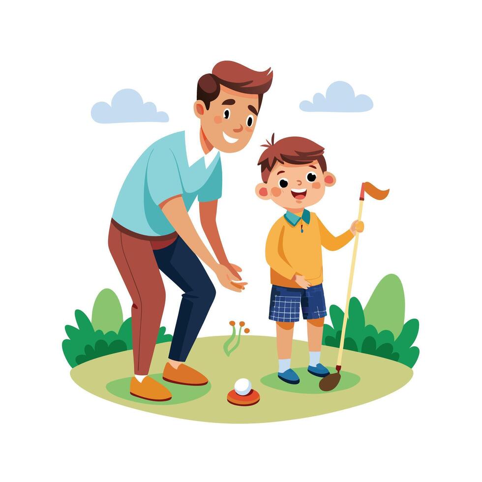 Father and Son Having a Great Time Playing a DIY Mini Golf Game in the Backyard vector