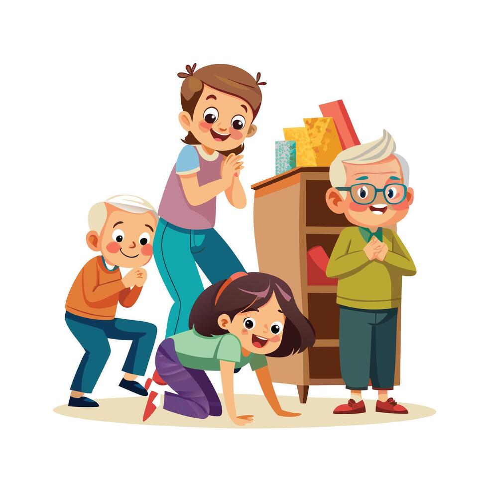 Grandparents and Grandkids Playing Hide and Seek in the House with Laughter and Smiles vector