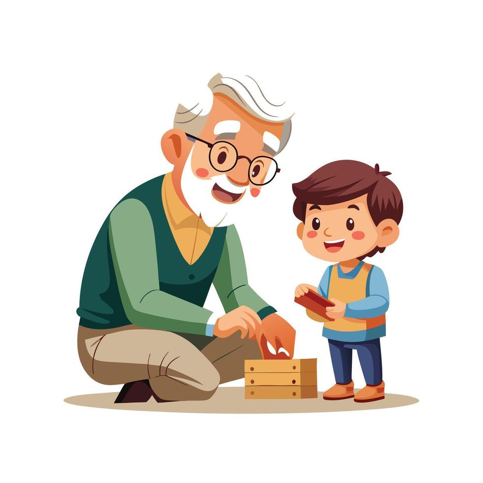 Grandfather Teaching his Grandchild How to Carve Simple Wooden Toy with Patience and Guidance vector