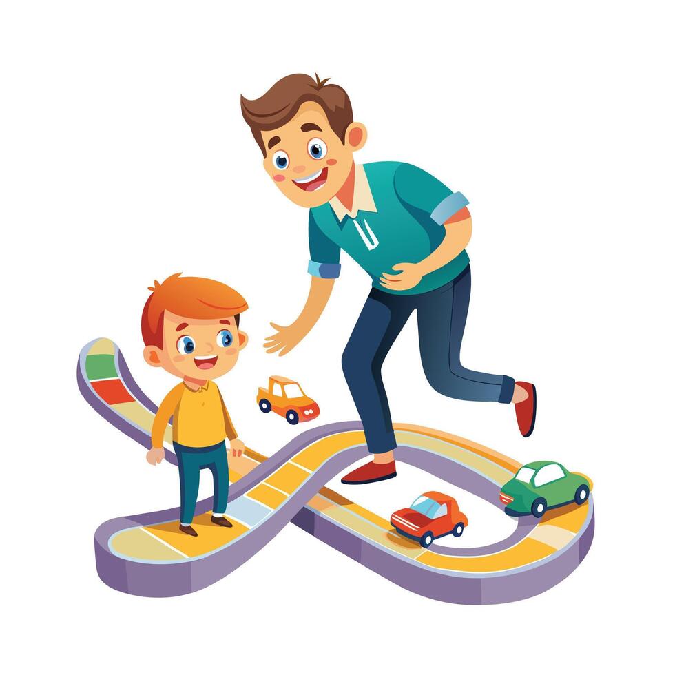 Father and Son Having a Blast Racing Toy Cars on a Giant Track with Laughter and Smiles vector