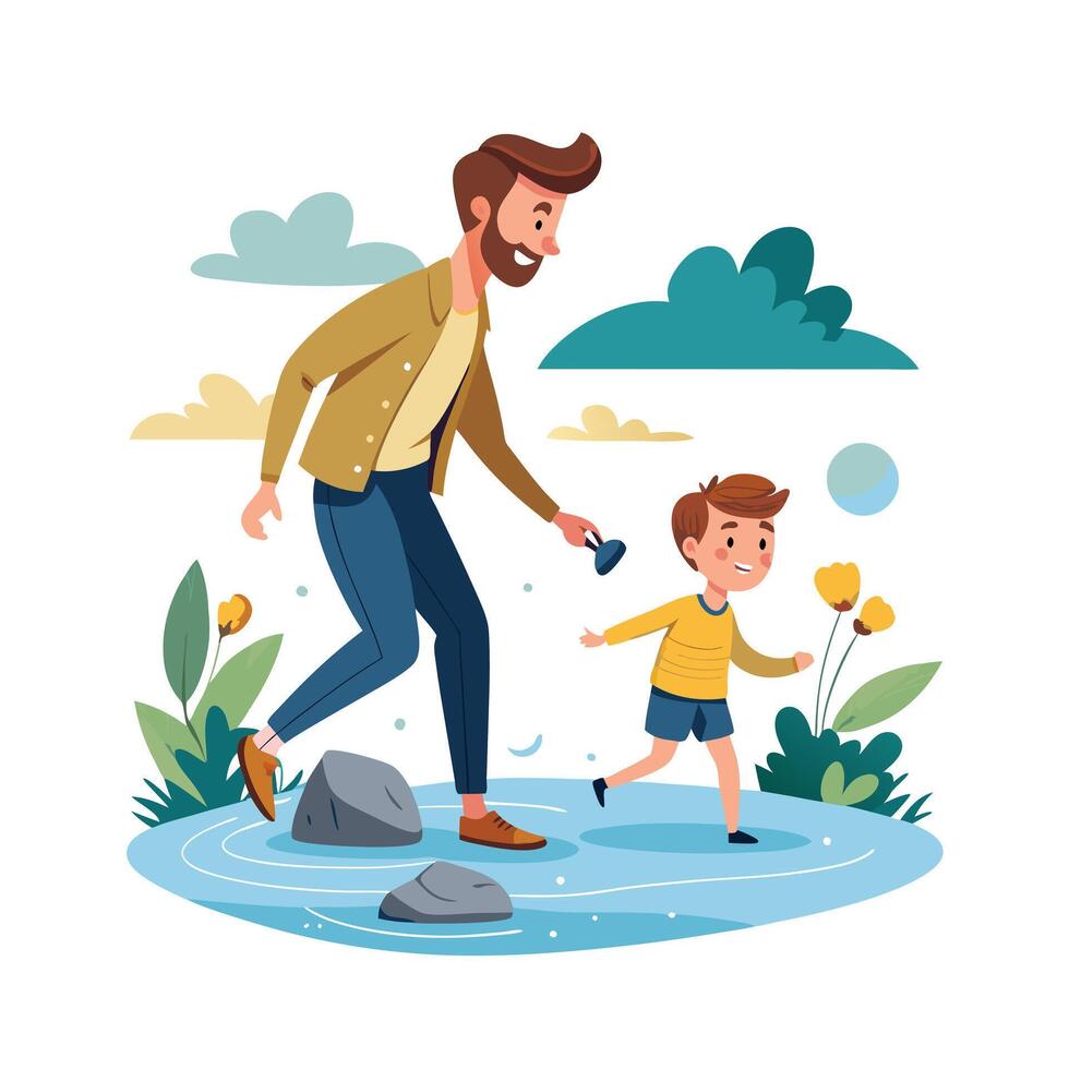 Father and Son Skipping Stones by a Lake with Peaceful Surroundings vector