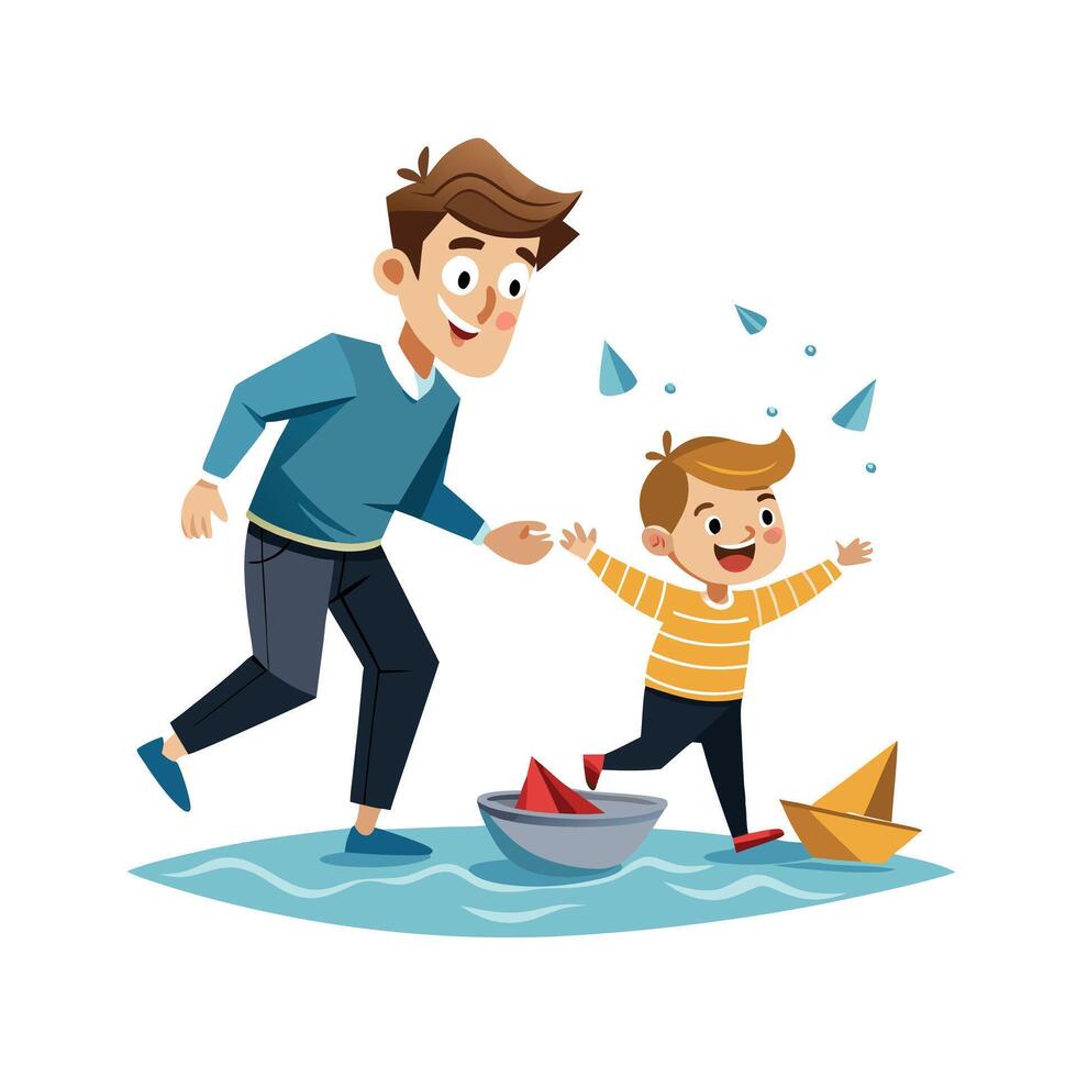 Father and Son Having a Blast Making and Racing Paper Boats in the Water vector