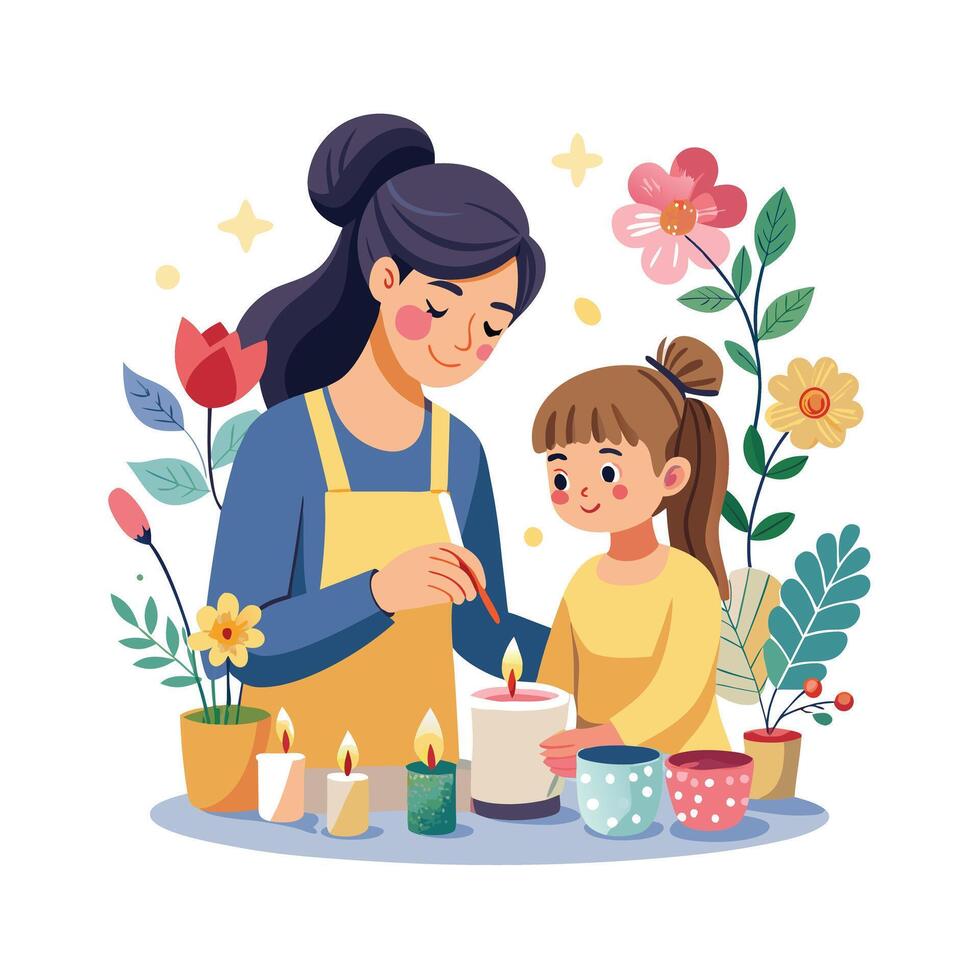 Mother and Daughter Displaying Their Decorated Homemade Candles with Pride and Smiles vector