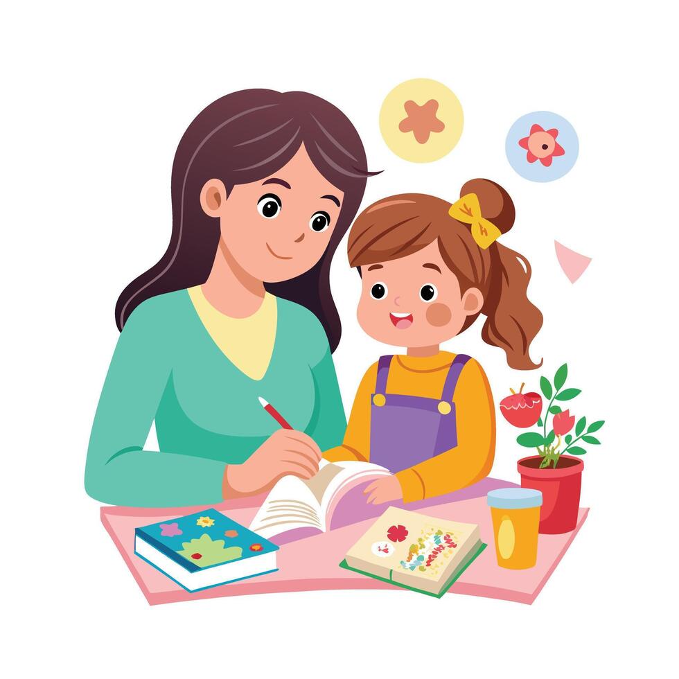 Mother and Daughter Displaying Their DIY Scrapbook Pages with Pride and Smiles vector