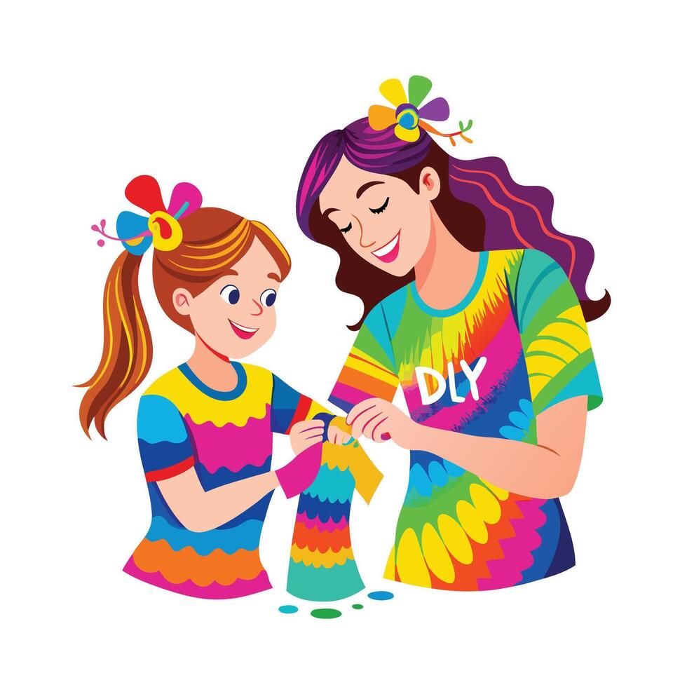 Mother and Daughter Creating Tie Dye Shirts with Fun and Creativity vector
