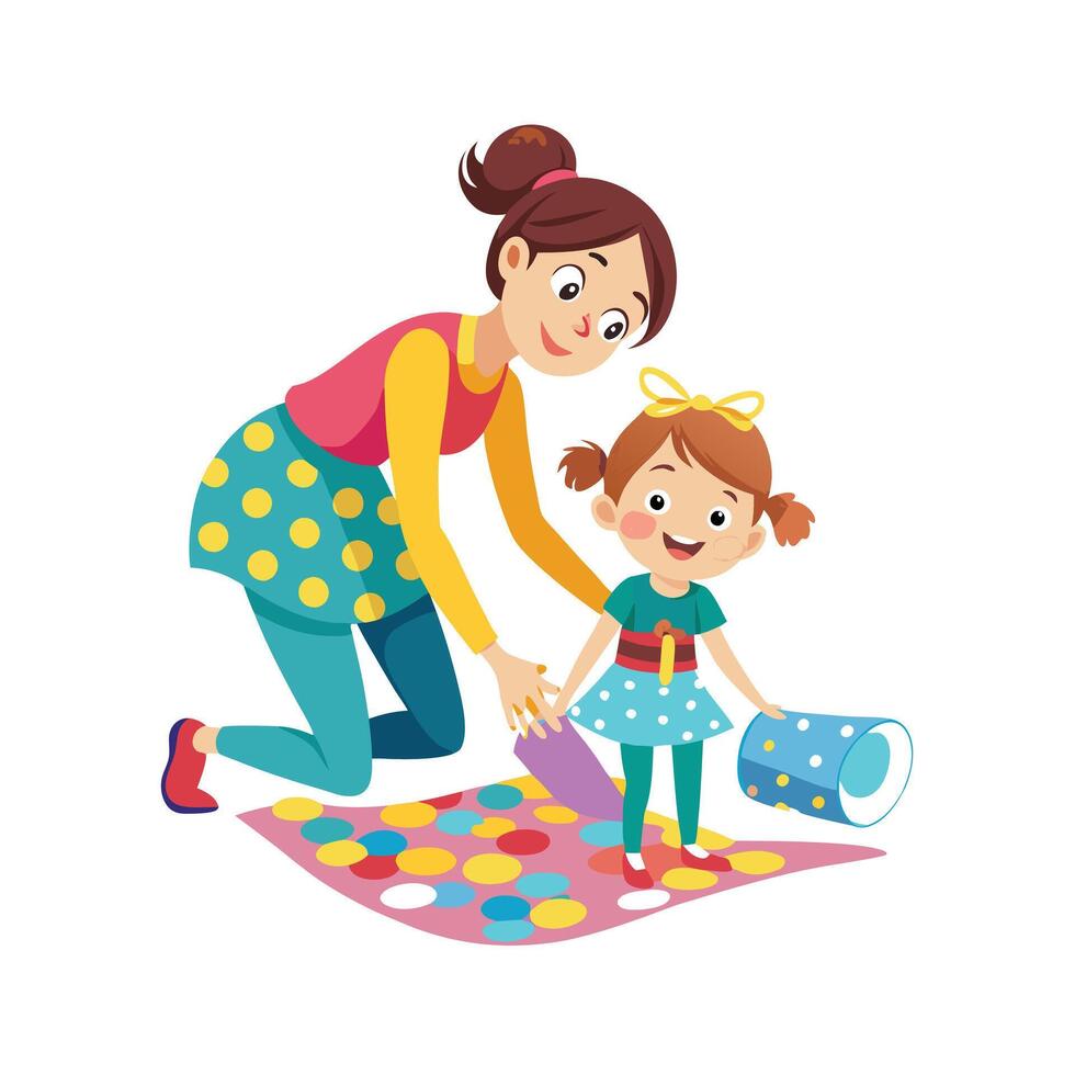 Mother and Daughter Making Bubble Wrap Stomp Art with Fun and Creativity vector