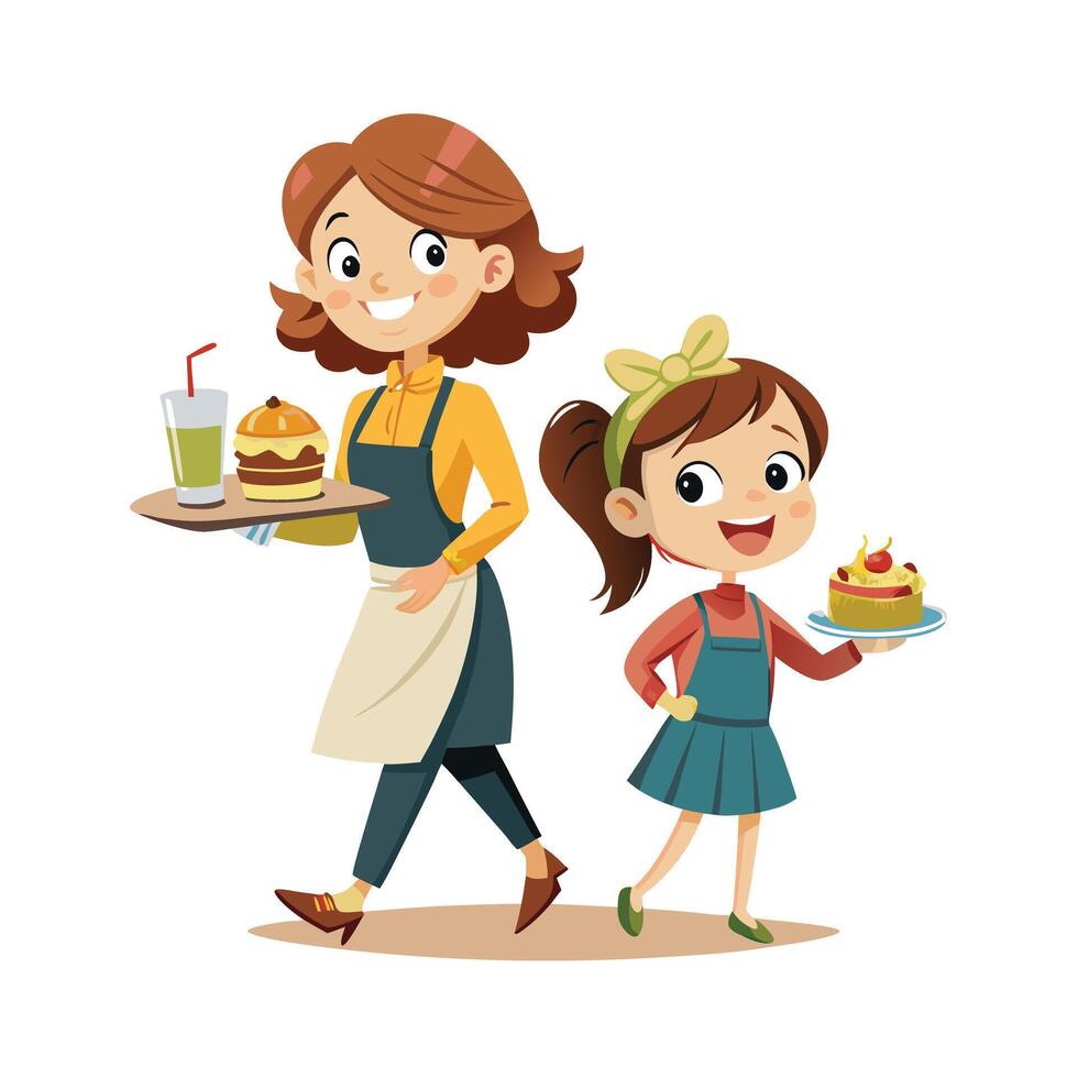 Mother and Daughter Having a Blast Playing Restaurant with Laughter and Smiles vector