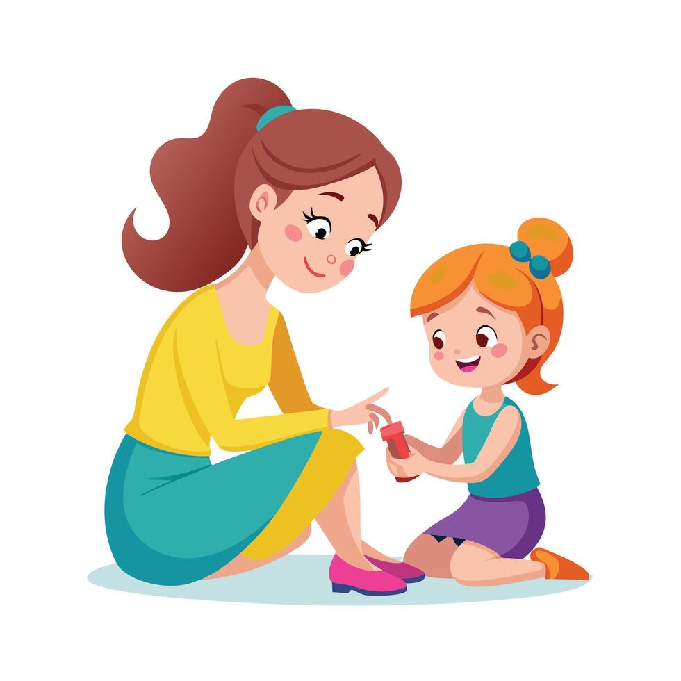 Mother and Daughter Displaying Their Colorful Toenails with Pride and Smiles vector