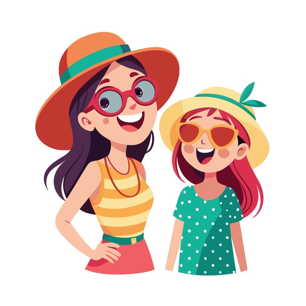 Mother and Daughter Trying On Oversized Sunglasses with Laughter and Smiles vector