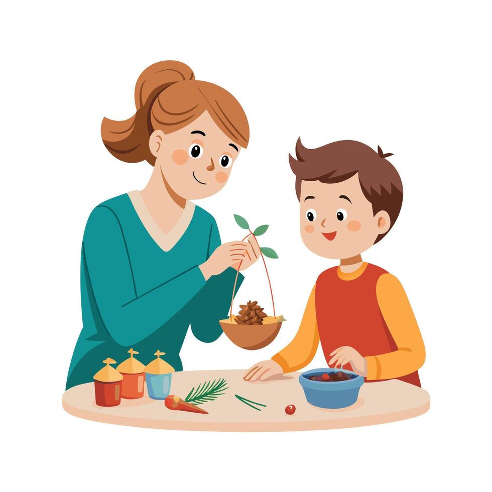 Mother and Son Creating a DIY Bird Feeder Using Pinecones and Peanut Butter vector