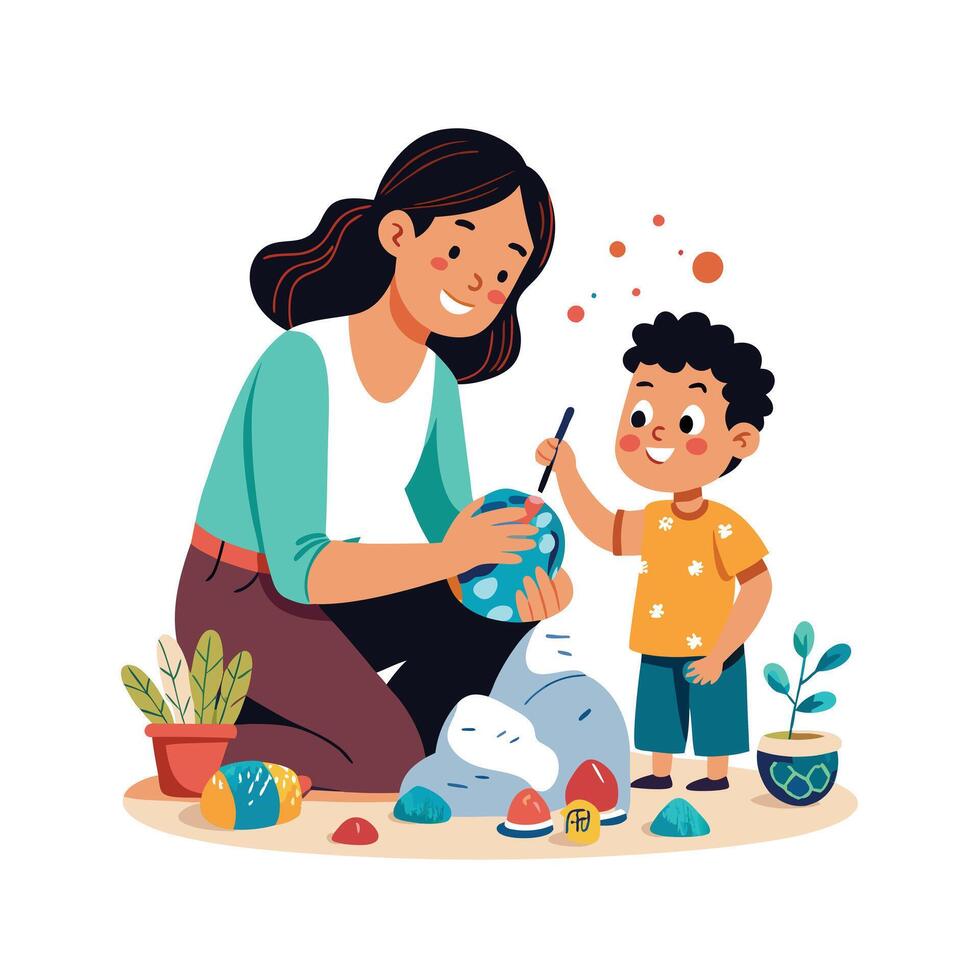 Mother and Son making a Rock Painting Event with Fun and Creativity vector