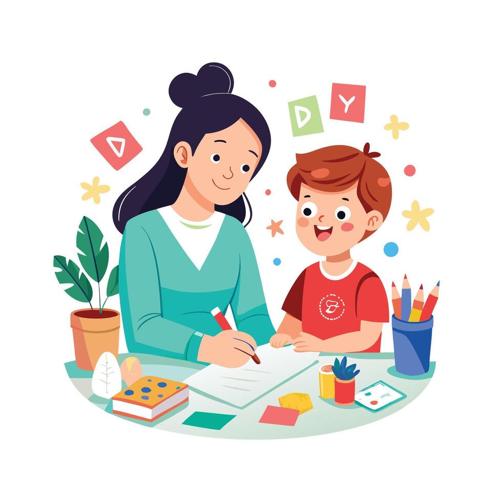 Mother and Son Designing DIY Greeting Cards with Fun and Creativity vector
