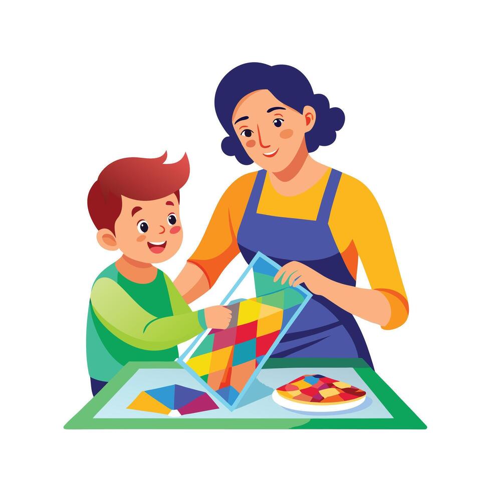 Mother and Son Making Suncatcher Art with Transparent Paper and Fun vector