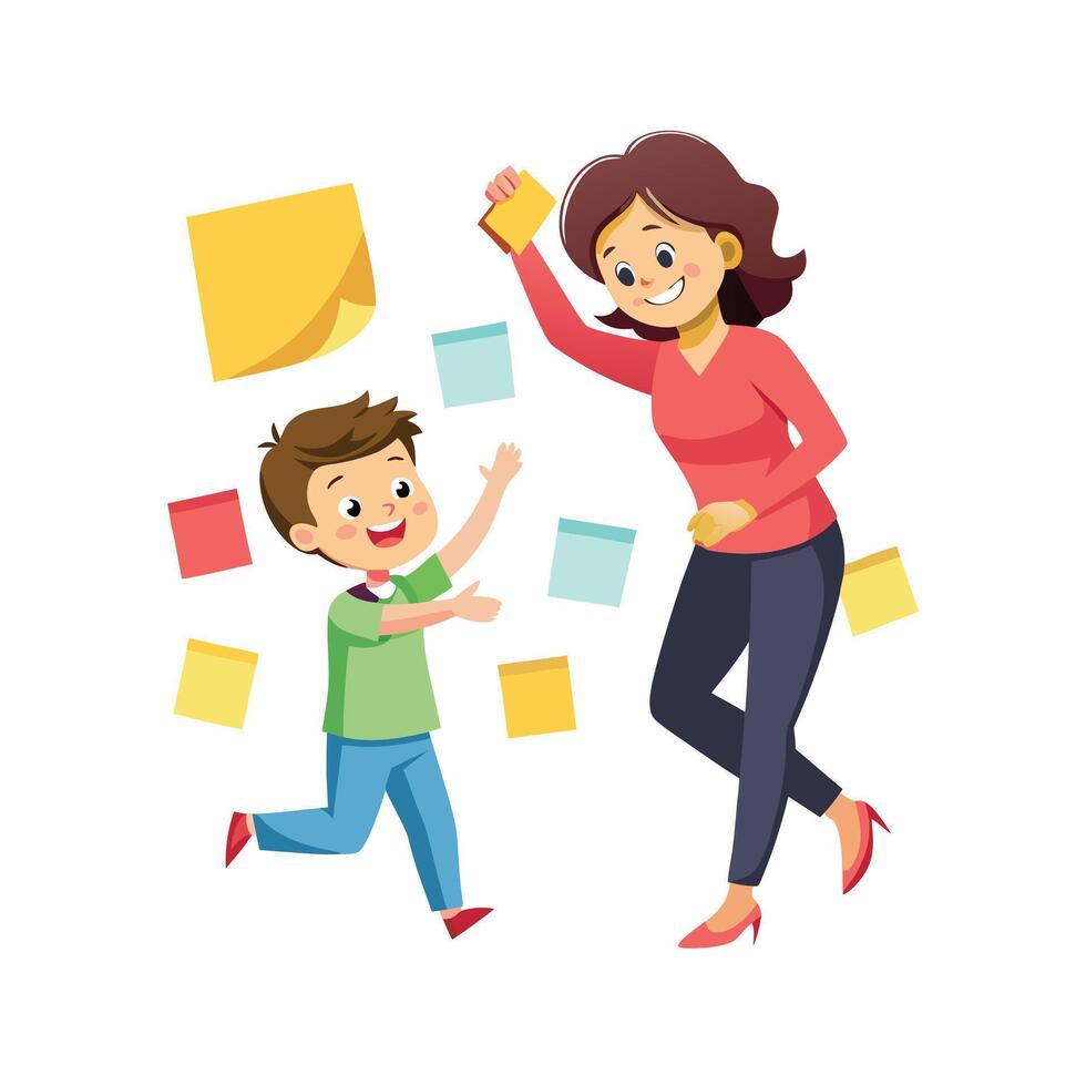 Mother and Son Having a Blast Competing in a Sticky Note Challenge with Laughter and Smiles vector