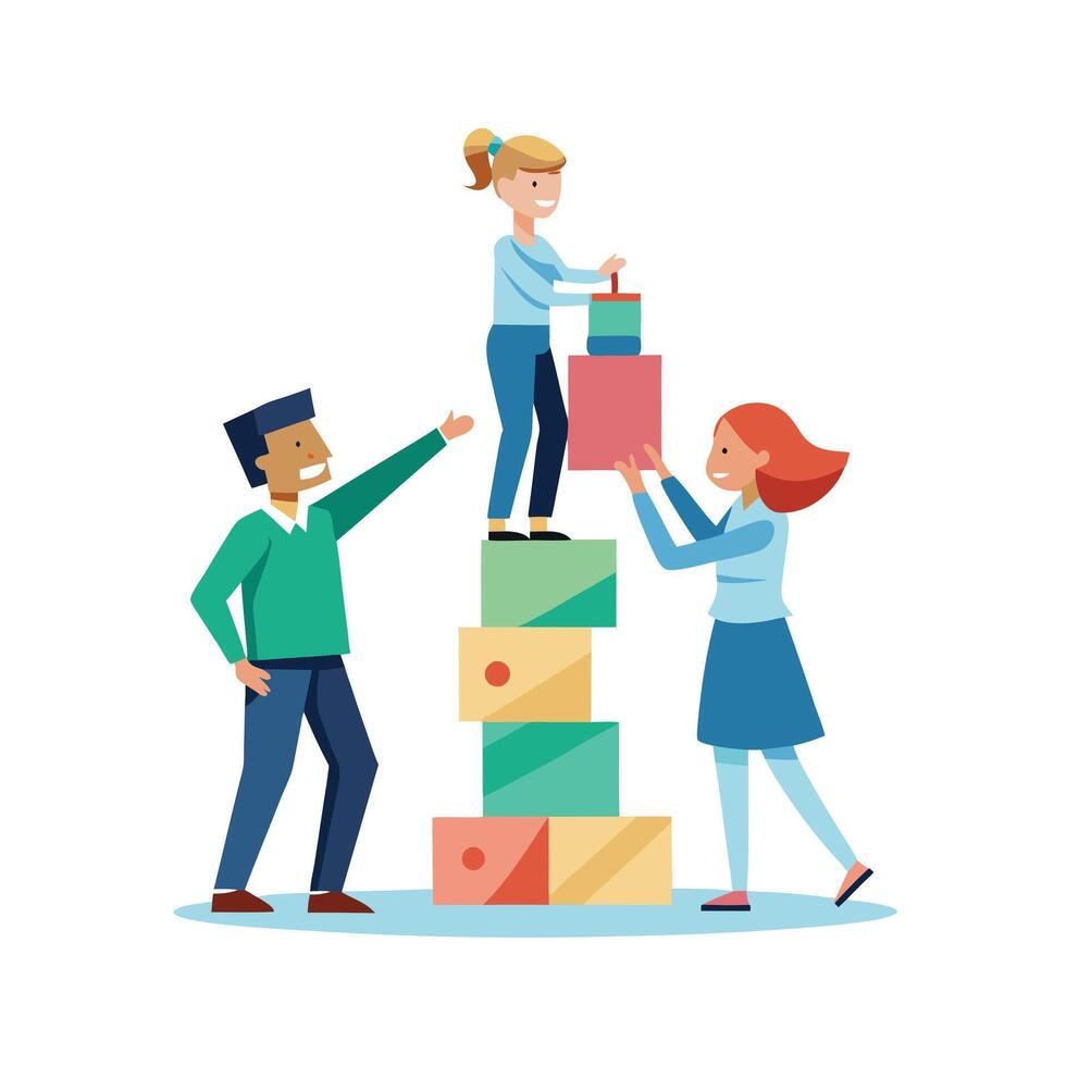 Parents and Kids Having a Build the Tallest Paper Tower Challenge with Fun and Creativity vector