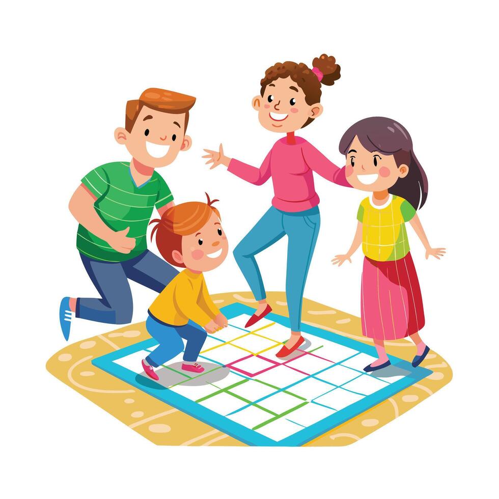 Parents and Kids Playing a Fun and Active Hopscotch Game with Laughter and Smiles vector