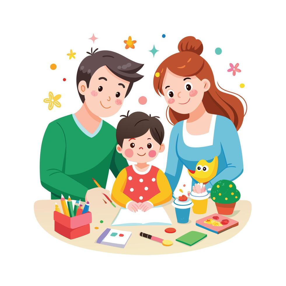 Parents and Kids Displaying Their DIY Greeting Cards with Pride and Smiles vector