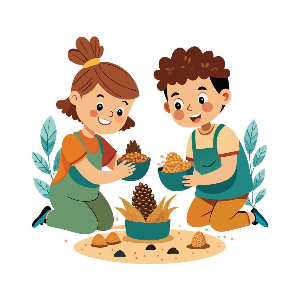 Siblings Creating Homemade Bird Feeders from Pinecones and Fun vector