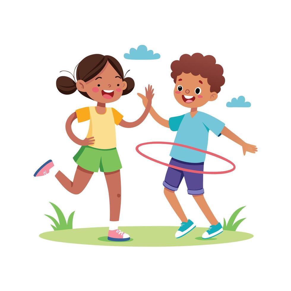 Siblings Enjoying a Fun and Active Hula Hoop Contest with Laughter and Smiles vector