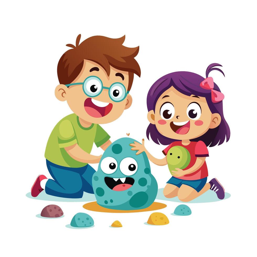 Siblings Displaying Their Hand-Painted Rock Monsters with Pride and Smiles vector