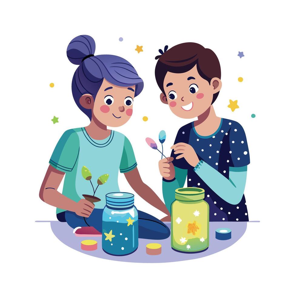 Siblings Displaying Their DIY Glow-in-the-Dark Mason Jars with Pride and Smiles vector