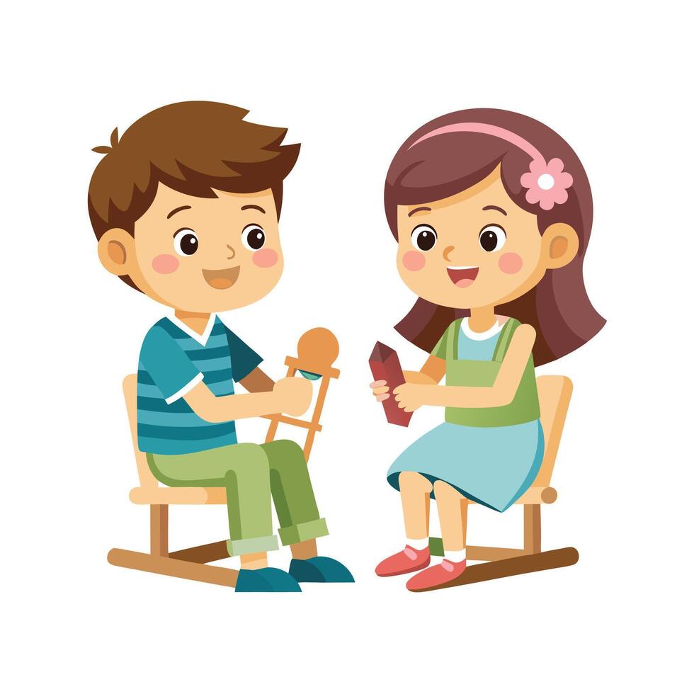 Siblings Displaying Their Rocking Chairs for Dolls with Pride and Smiles vector