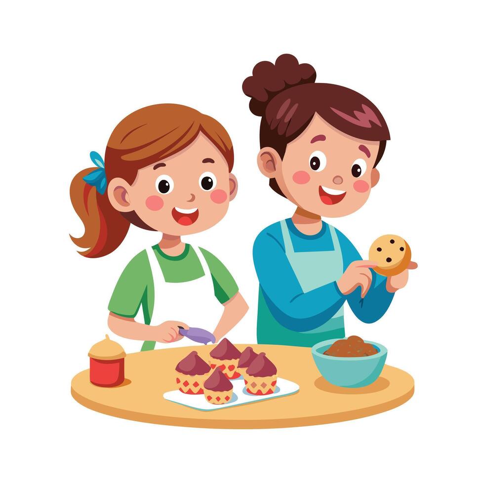 Siblings Having a Baking Cookie Decorating Contest with Fun and Creativity vector
