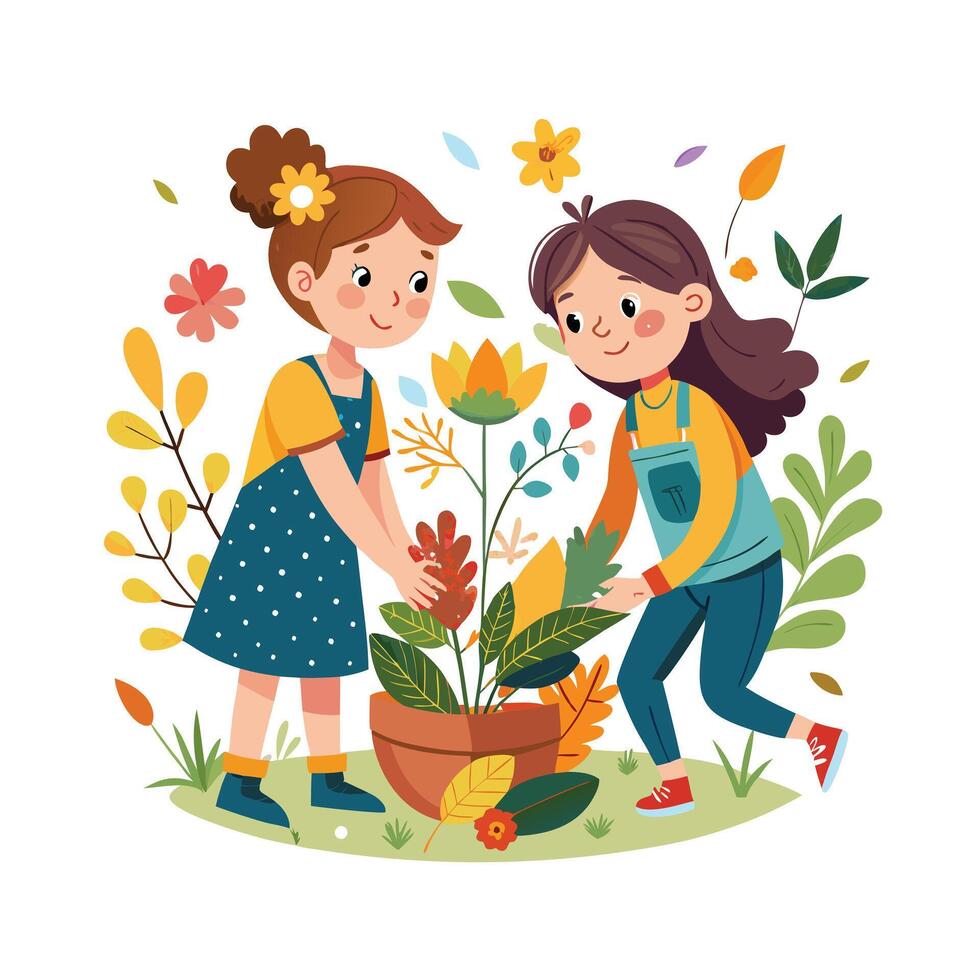 Siblings Displaying Their Nature Collage Art with Pride and Smiles vector