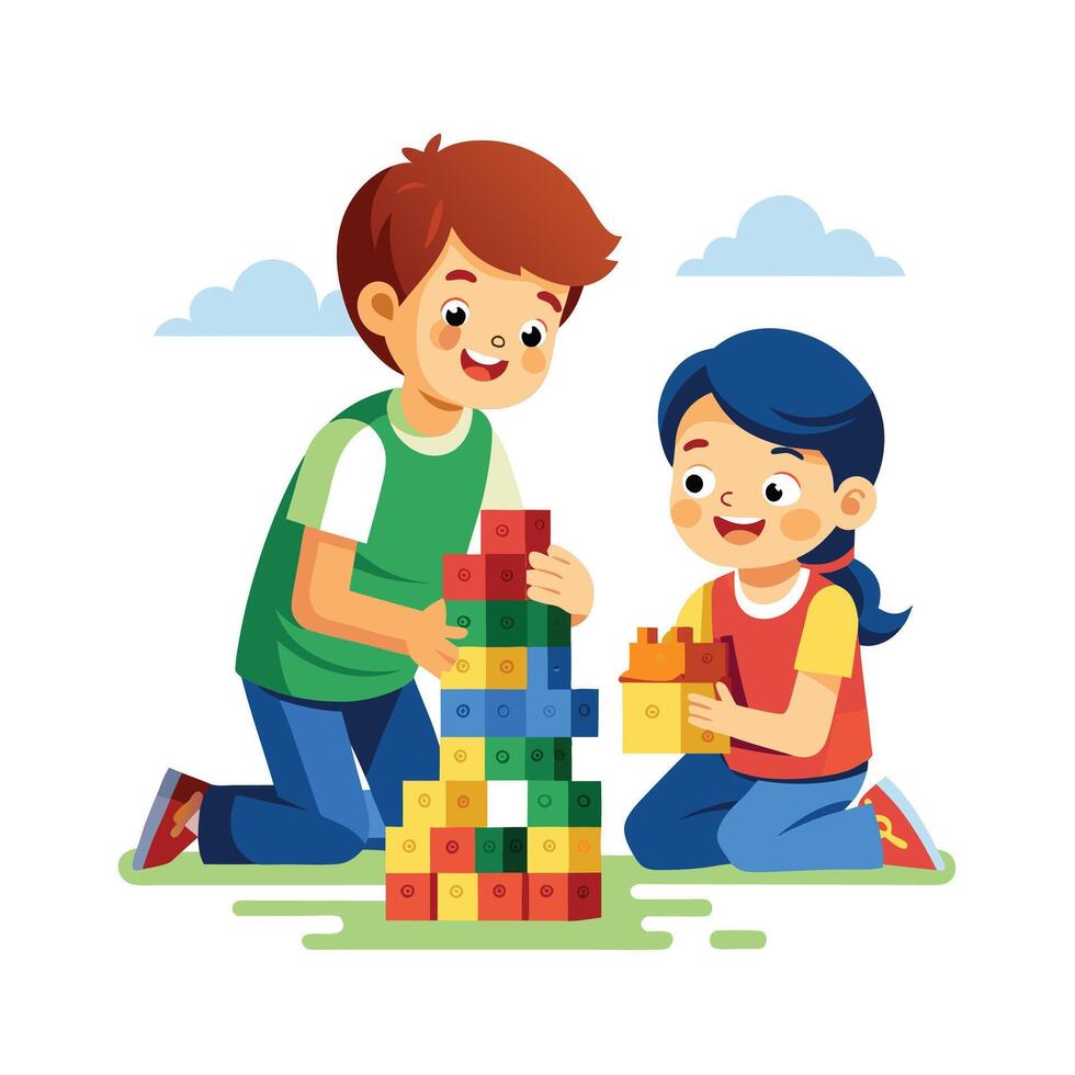 Siblings Competing in a LEGO Building Challenge with Fun and Creativity vector