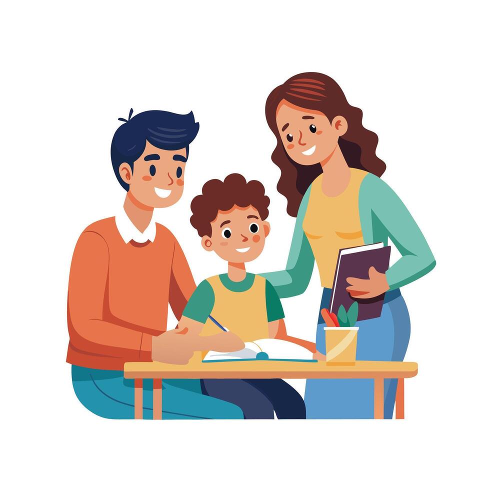 Parents and Child Sharing a Warm and Supportive Homework Moment with Laughter and Smiles vector