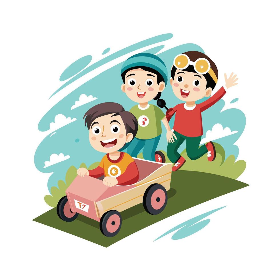 Siblings Racing Soapbox Cars Down a Small Hill with Fun and Adventure vector