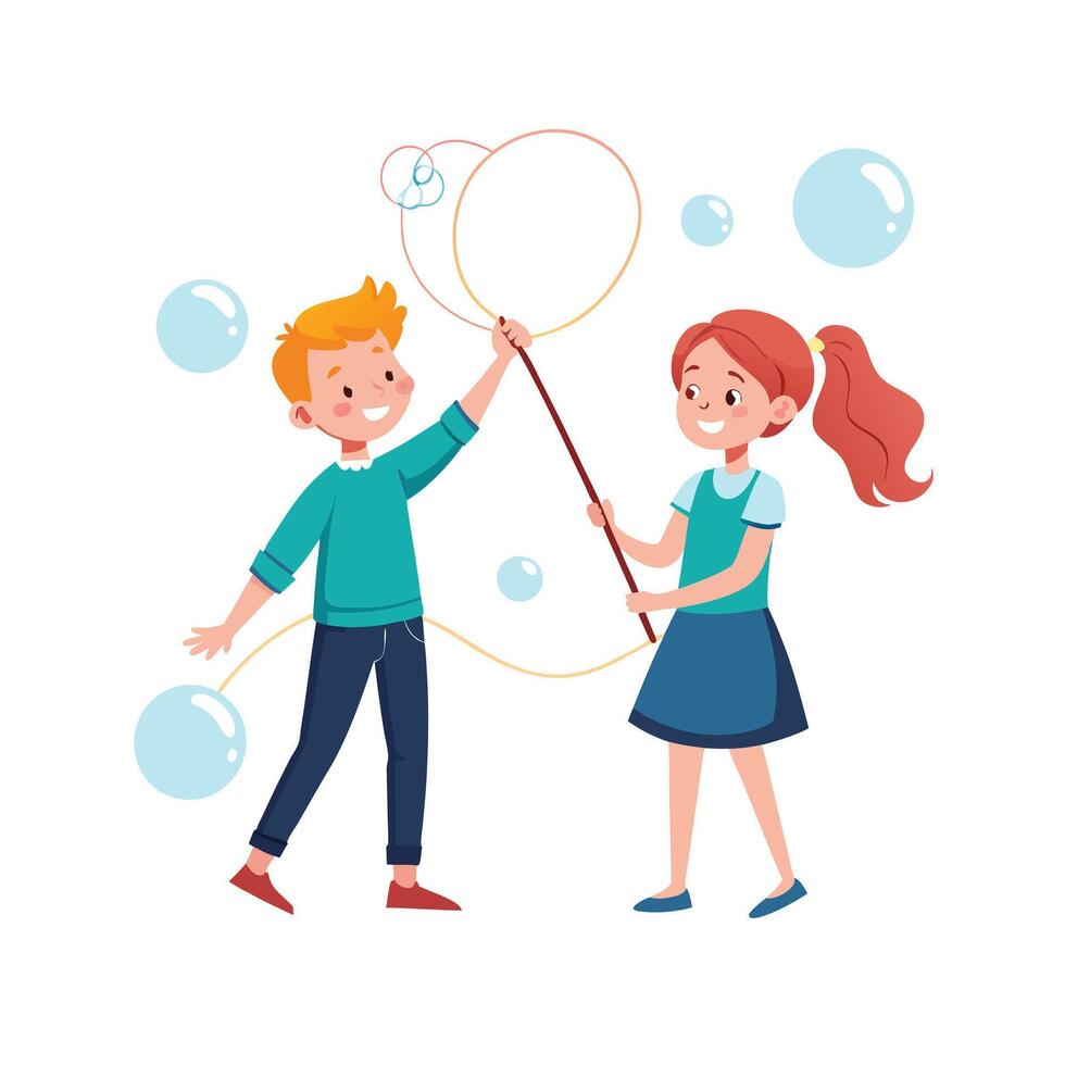Siblings Making Giant Soap Bubbles Using String and Fun vector