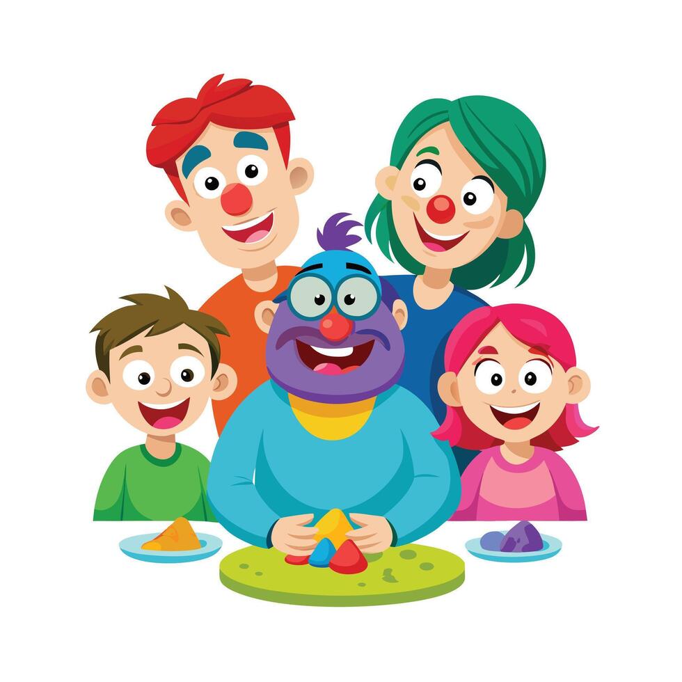 Parents and Kids Displaying Their Funny Playdough Faces with Laughter and Smiles vector