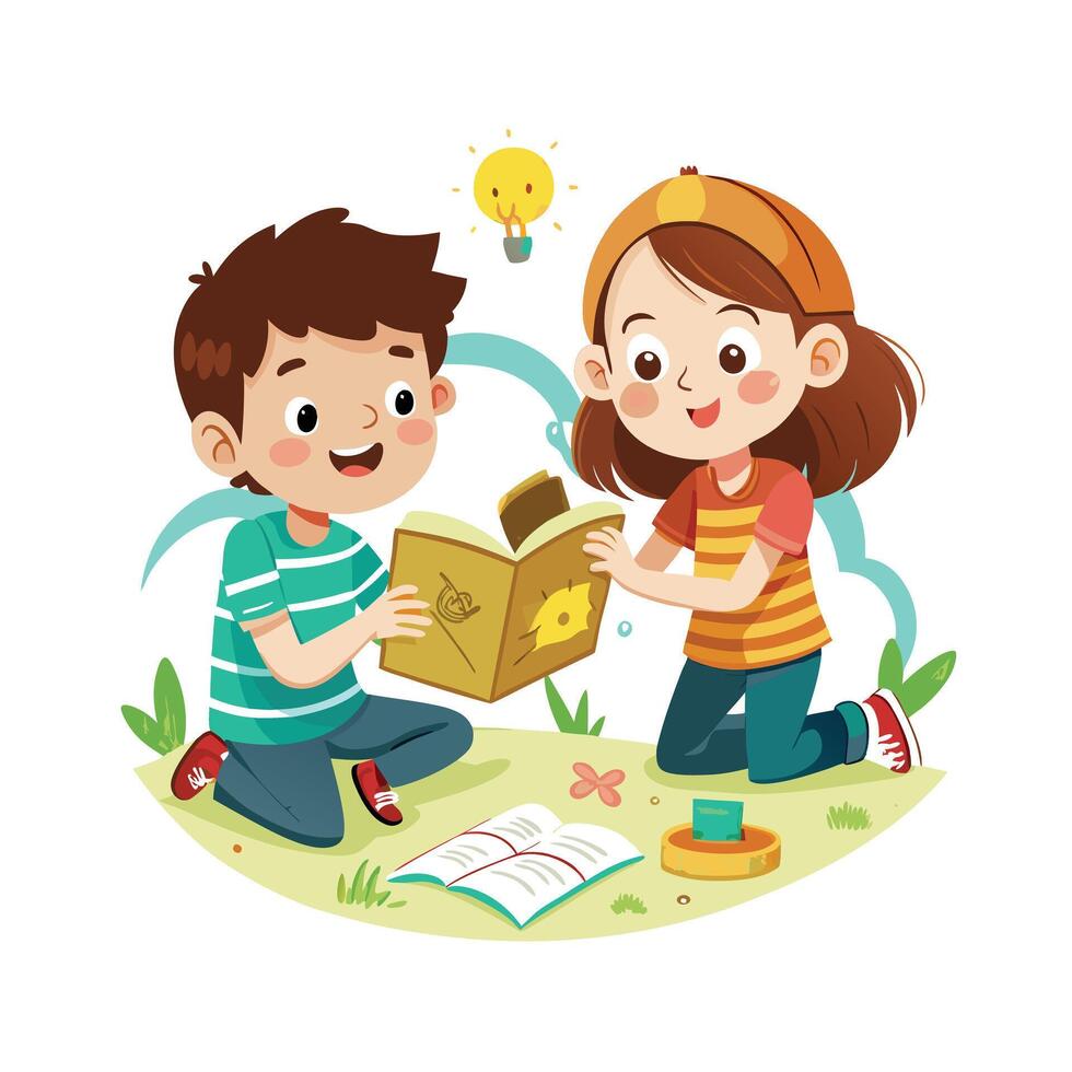 Siblings Playing a Homemade Treasure Hunt with Fun and Adventure vector