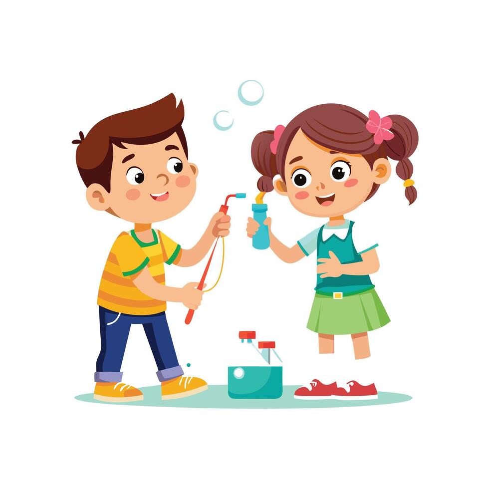 Siblings Making DIY Bubble Wands with Pipe Cleaners and Fun vector