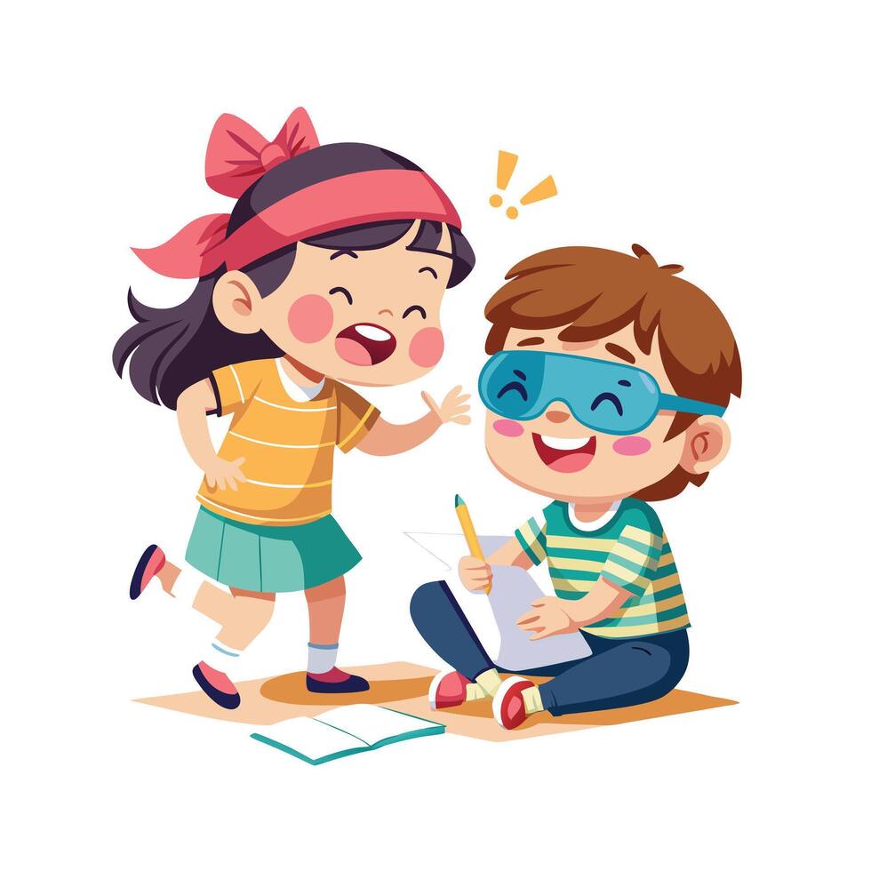 Siblings Playing a Blindfolded Drawing Challenge with Fun and Laughter vector
