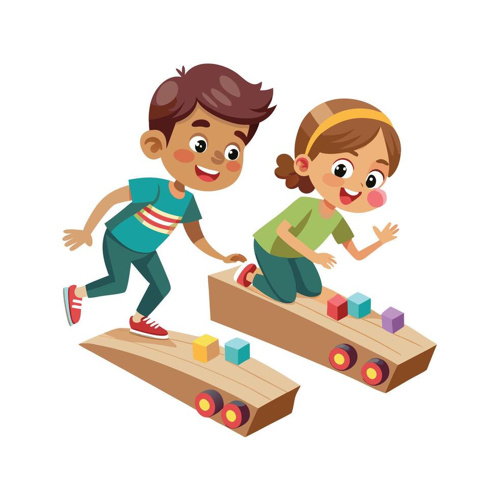 Siblings Enjoying a Fun and Competitive DIY Toy Cars Racing Game with Laughter and Smiles vector