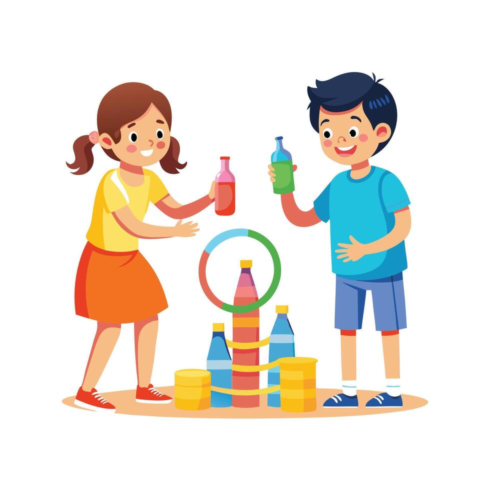 Siblings Enjoying a Fun and Active Homemade Ring Toss Game with Laughter and Smiles vector