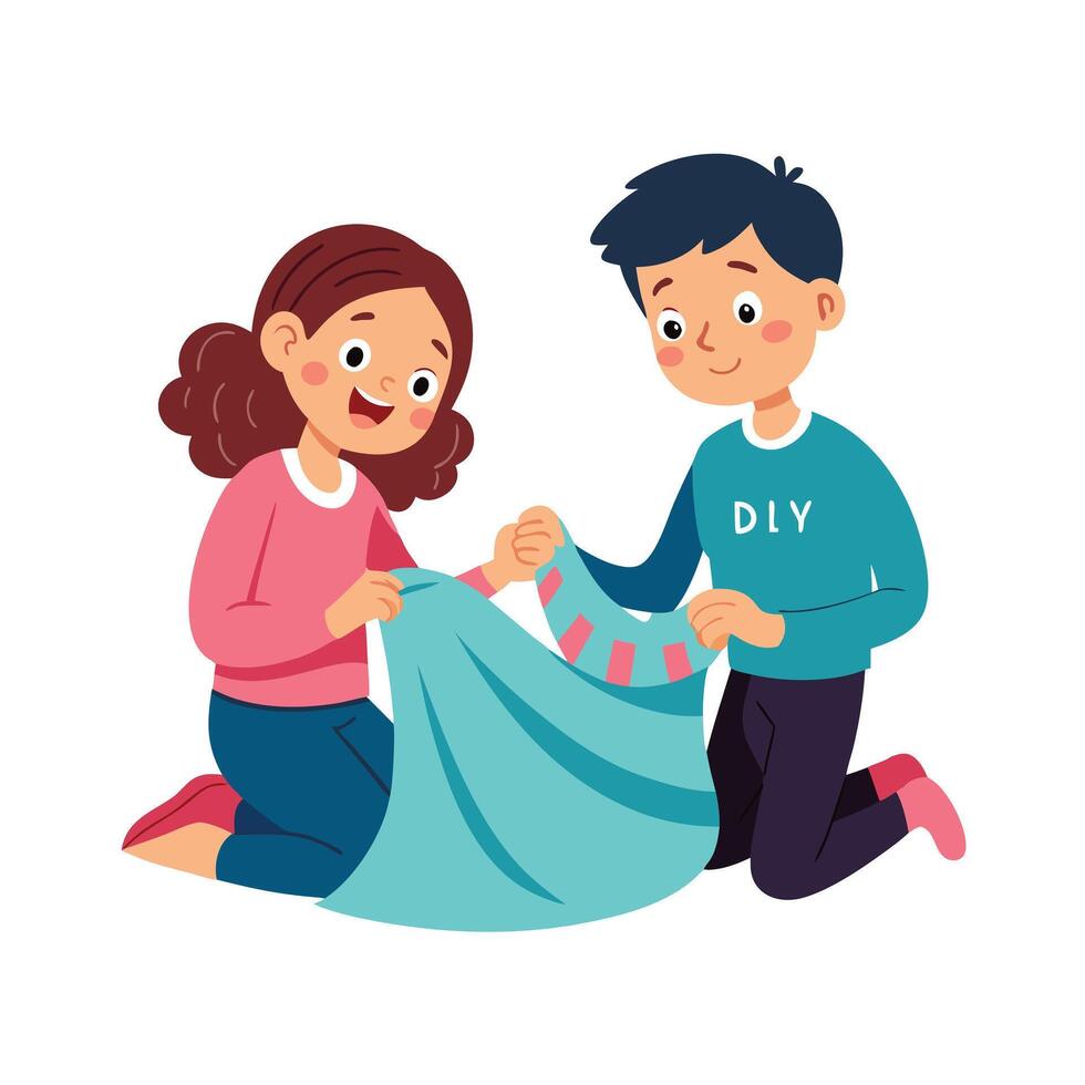 Siblings Making DIY No-Sew Blankets Together with Fun and Creativity vector