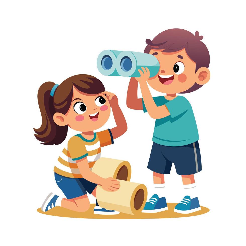 Siblings Displaying Their Paper Roll Binoculars with Pride and Smiles vector