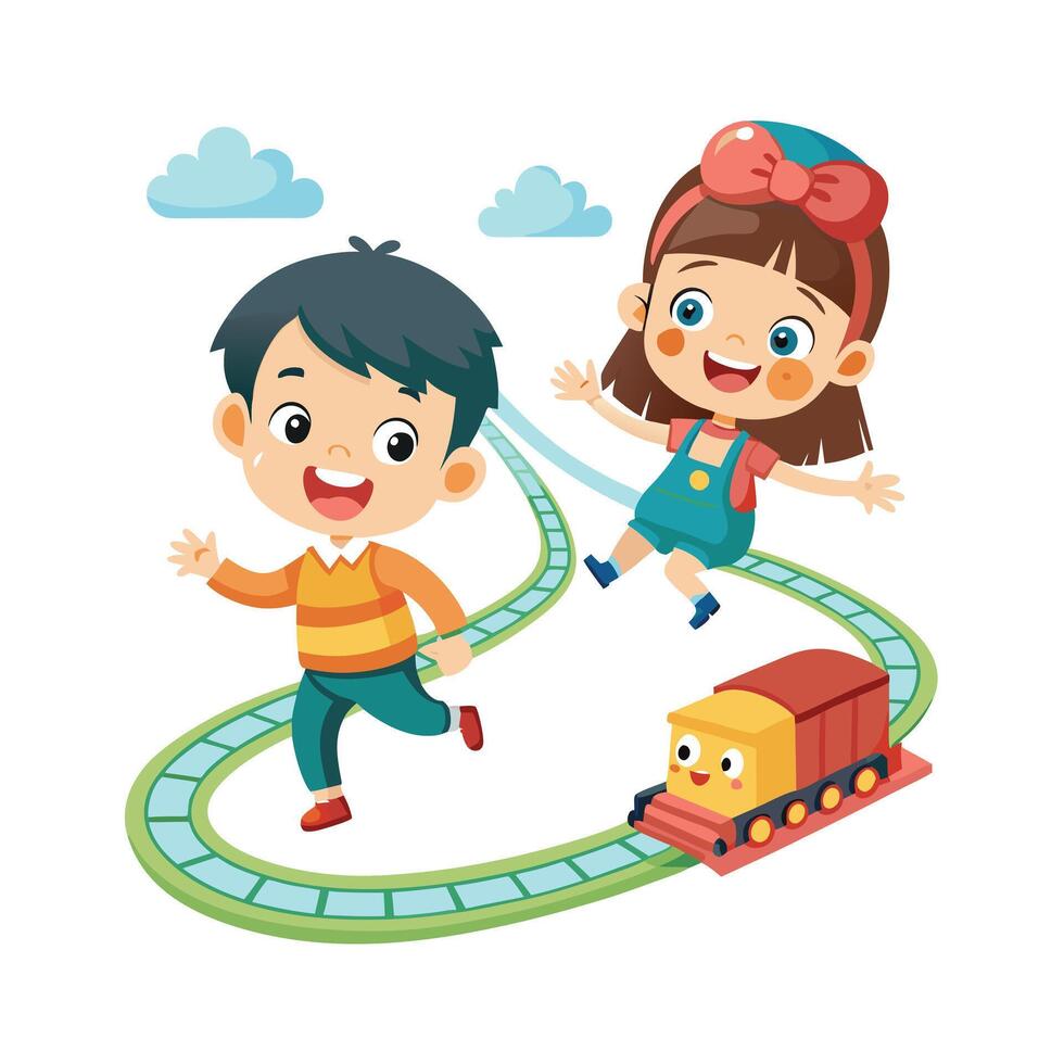 Siblings Racing Each Other with Toy Trains on a Track with Fun and Competition vector