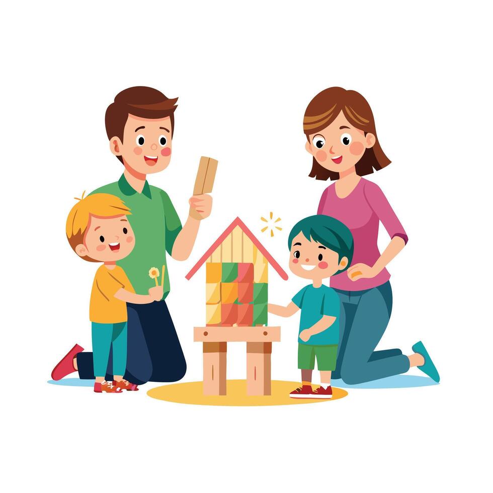 Family Fun Building a Charming DIY Popsicle Stick House Together vector