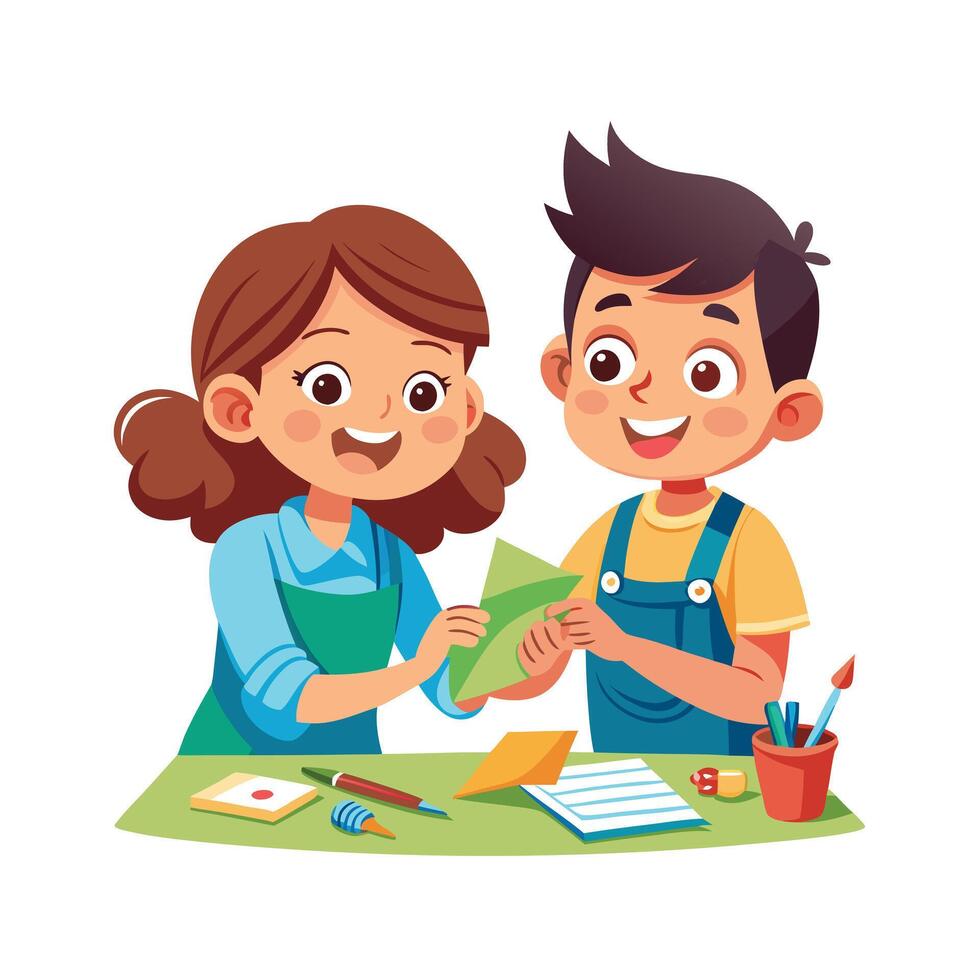 Siblings Making a Craft Project with Creative and Fun Approach vector